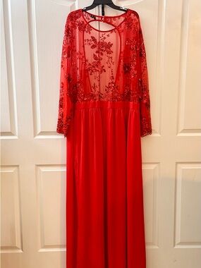 Red Sheer sequined classy and sexy Lace Bodice Evening Dress with slit.